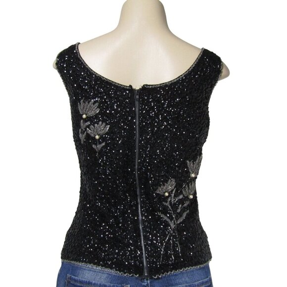 VTG 60s Hand Beaded M Floral Mod Glam Cocktail Party Wool MCM Shell Top Black - Picture 6 of 11